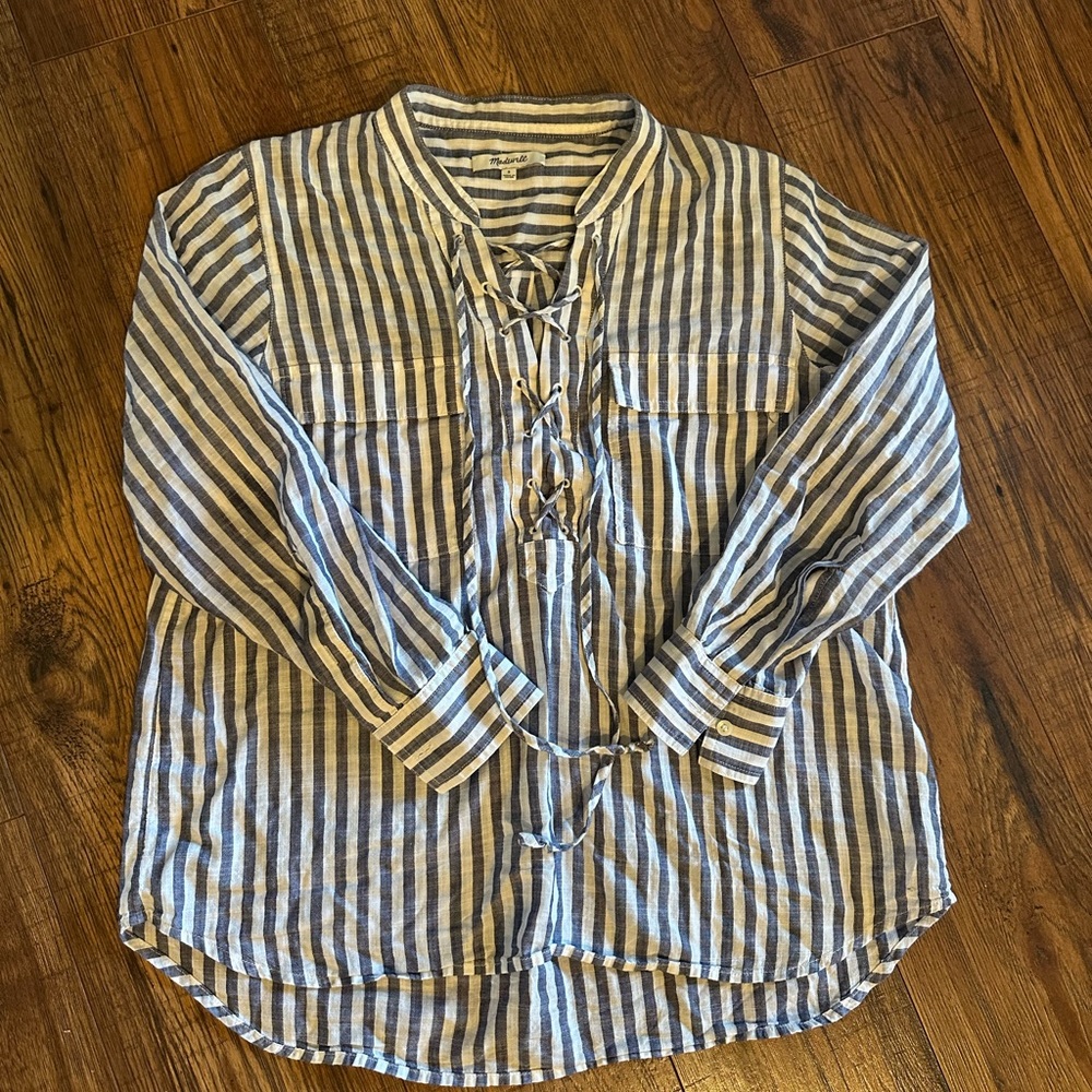 Madewell Blouse Shirt Womens Small Blue White Striped Lace Front Long Sleeve
